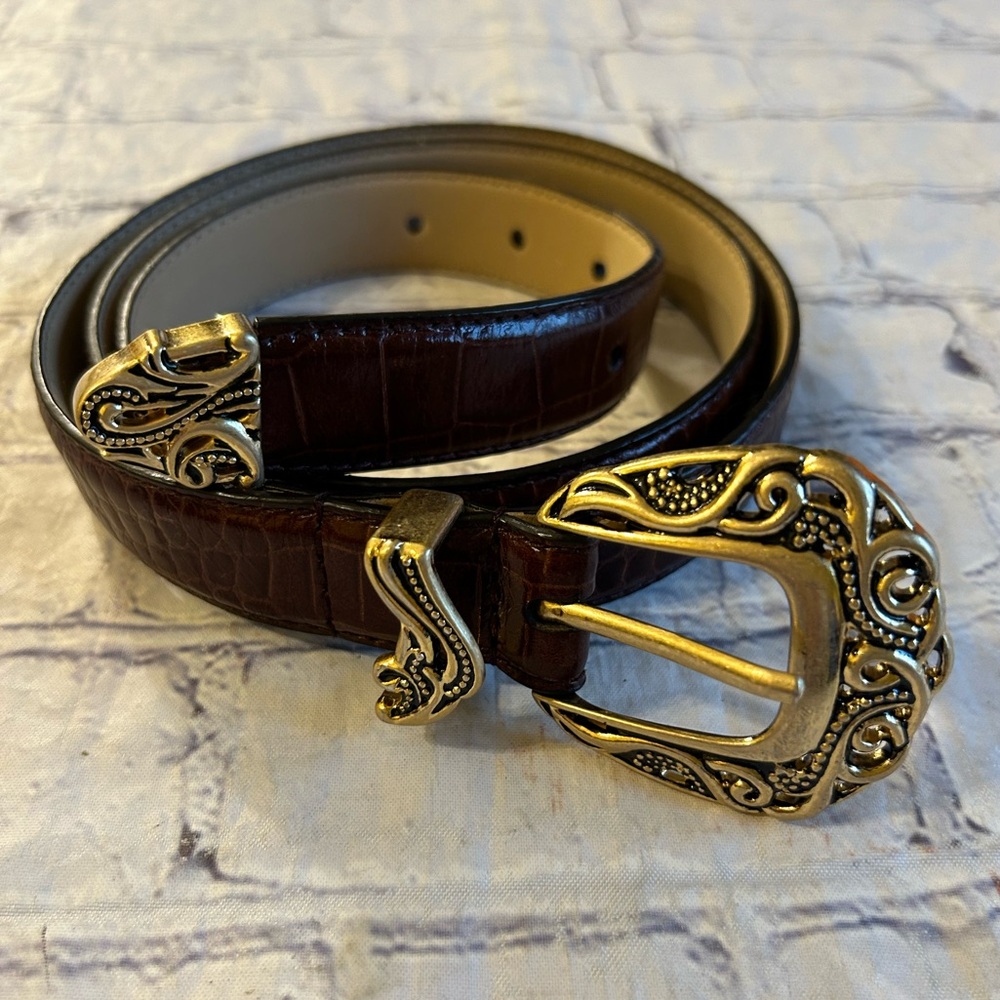 VTG COLDWATER CREEK(2007)  BROWN CROC LEATHER WOMEN’S BELT EMBELLISHED BUCKLE XL